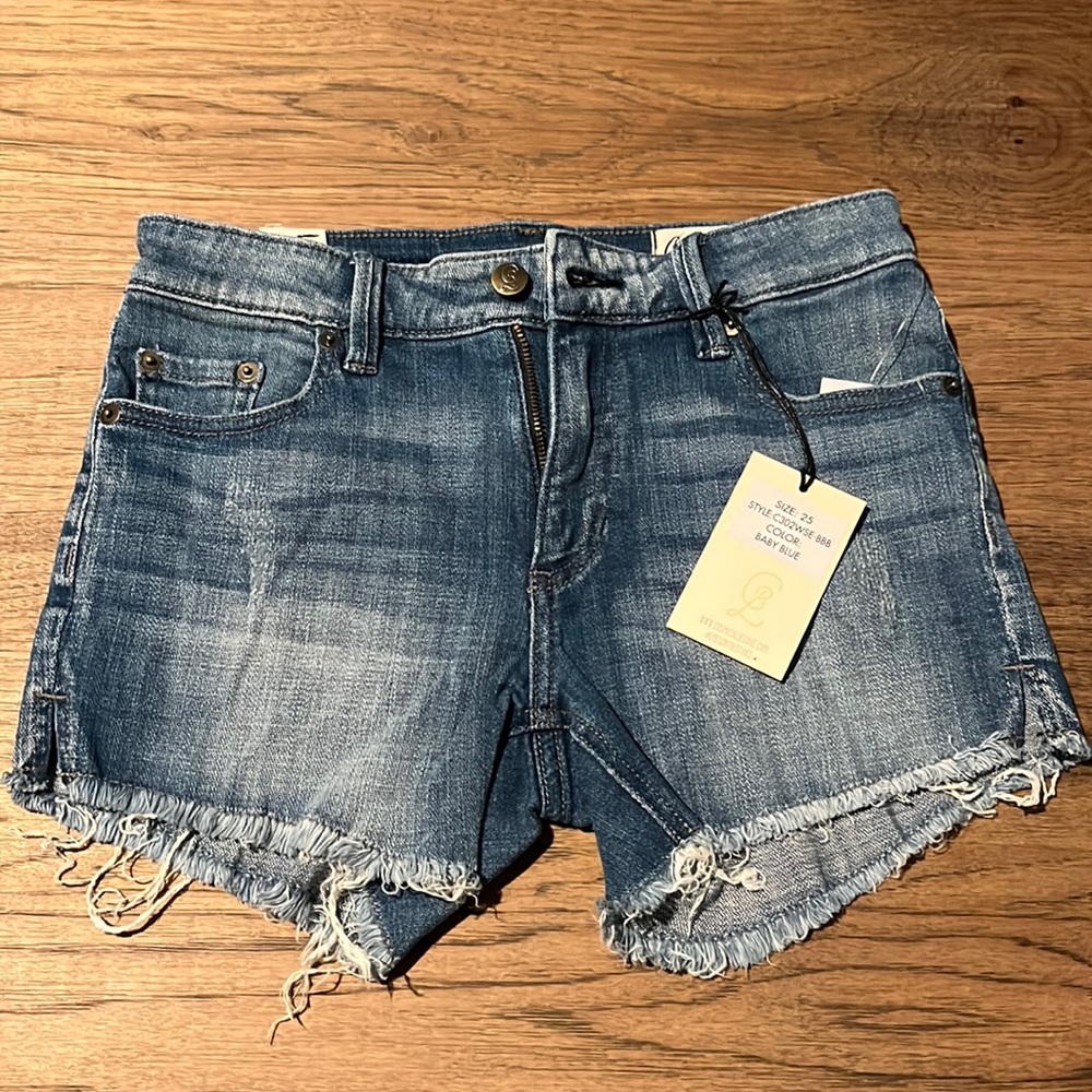 Cosmic Blue Love denim shorts, 25 inch waist